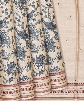 Light Peach Handwoven Printed Tussar Silk Saree With Bird Motifs
