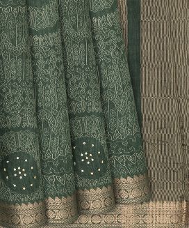 Dark Green Handloom Tussar Silk Saree With Printed Floral Motifs
