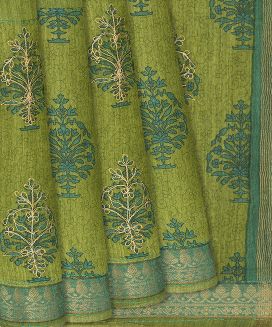 Leafy Green Woven Tussar Silk Saree Printed With Floral Motifs
