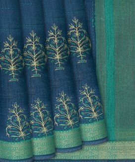 Blue Woven Tussar Silk Saree Printed With Floral Motifs
