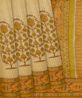 Beige Woven Tussar Silk Saree Printed With Okra Motifs
