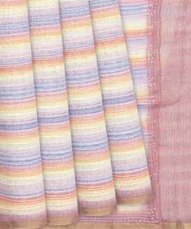 Multi Colour Handloom Linen Saree With Printed & Embroidered Stripes
