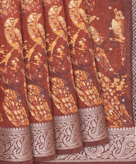 Rust Handwoven Printed Tussar Silk Saree With Bird Motifs
