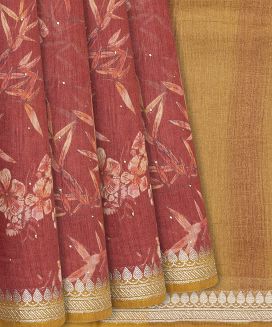Chestnut Pink Handloom Tussar Silk Saree With Printed Floral Motifs
