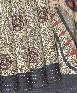 Grey Handloom Printed Tussar Silk Saree With Peacock Pallu
