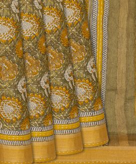 Mustard Handwoven Printed Tussar Silk Saree With Floral Motifs
