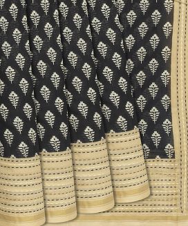 Black Handloom Chanderi Cotton Saree With Printed Flower Motifs
