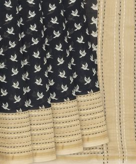 Black Handloom Chanderi Cotton Saree With Printed Bird Motifs
