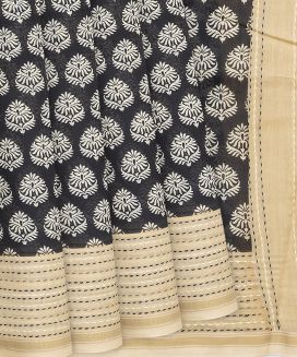 Black Handloom Chanderi Cotton Saree With Printed Floral Motifs
