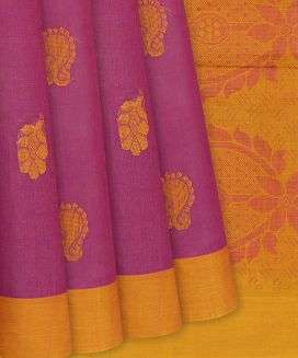 Pink Handwoven Rasipuram Cotton Saree With Mango Motifs
