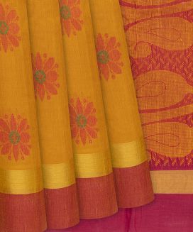 Mustard Handwoven Rasipuram Cotton Saree With Floral Motifs
