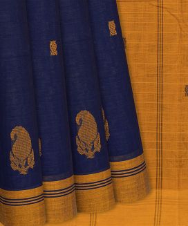 Navy Blue Handwoven Rasipuram Cotton Saree With Floral Motifs
