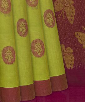 Olive Green Handloom Rasipuram Cotton Saree With Floral Motifs
