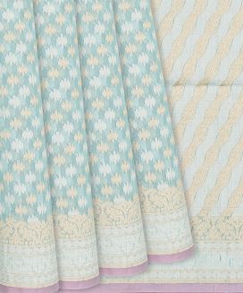 Turquoise Handloom Banarasi Cotton Saree With Triangle Motifs
