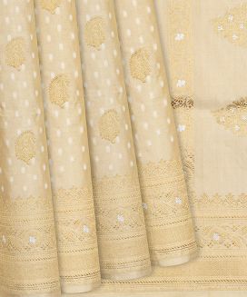 Cream Handloom Banarasi Tissue Silk Saree With Mango Motifs
