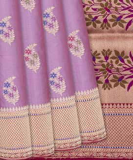 Lavender Handloom Banarasi Silk Saree With Meena Buttas
