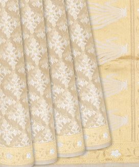 Cream Handloom Banarasi Cotton Saree With Floral Motifs
