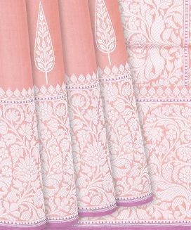 Peach Handloom Banarasi Silk Saree With Floral Buttas
