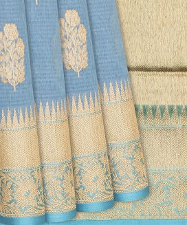Light Blue Handloom Banarasi Linen Saree With Floral Zari Buttas
