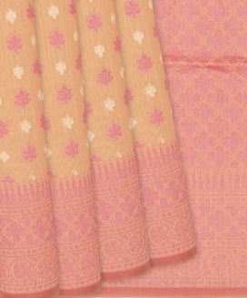 Peach Handloom Banarasi Cotton Saree With Floral Motifs
