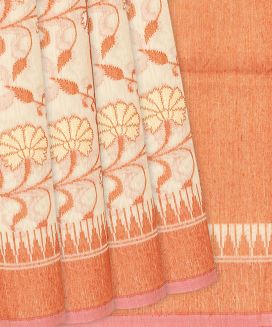 Sandal Handloom Banarasi Cotton Saree With Floral Vine Motifs
