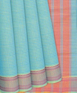 Turquoise Handloom Mangalagiri Cotton Saree With Stripes
