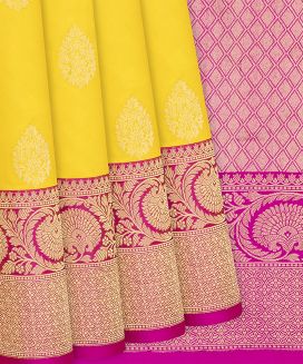 Yellow Handloom Banarasi Silk Saree With Floral Buttas
