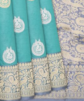Turquoise Handloom Banarasi Silk Saree With Annam Buttas
