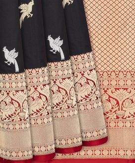 Black Handloom Banarasi Satin Silk Saree With Bird Buttas
