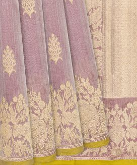 Dusty Pink Handloom Banarasi Tissue Silk Saree With Floral Motifs

