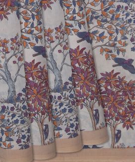 Taupe Handloom Chanderi Cotton Saree With Bird Printed Motifs
