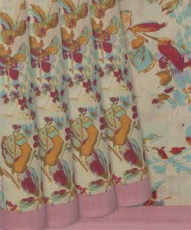 Beige Handloom Chanderi Cotton Saree With Printed Flower Motifs

