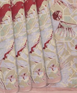 Dusty Pink Handloom Chanderi Cotton Saree With Printed Bird Motifs
