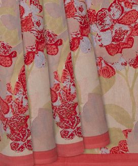 Red Handloom Chanderi Cotton Saree With Printed Floral Vine Motifs
