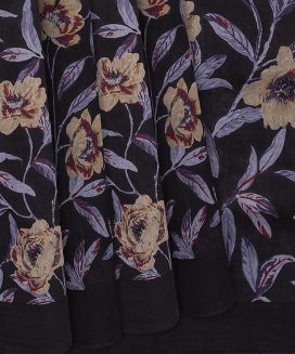 Black Handloom Chanderi Cotton Saree With Printed Floral Vine Motifs
