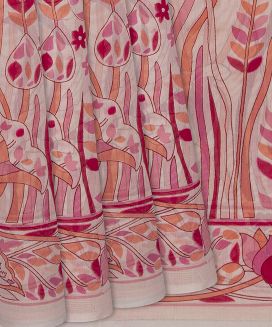 Dusty Pink Handloom Chanderi Cotton Saree With Printed Flower Motifs
