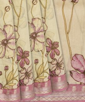 Cream Handloom Chanderi Cotton Saree With Printed Floral Motifs

