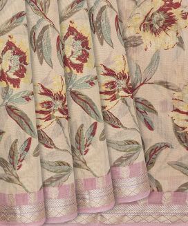 Baby Pink Handloom Chanderi Cotton Saree With Printed Floral Motifs
