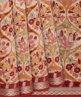 Crimson Handloom Chanderi Cotton Saree With Printed Floral Motifs
