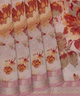 Dusty Pink Handloom Chanderi Cotton Saree With Printed Floral Motifs
