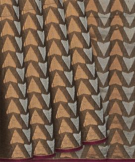 Brown Handwoven Village Cotton Saree With Triangle Motifs
