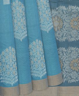 Sky Blue Handloom Village Cotton Saree With Floral Motifs
