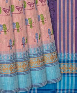 Baby Pink Chirala Cotton Saree With Printed Bird Motifs
