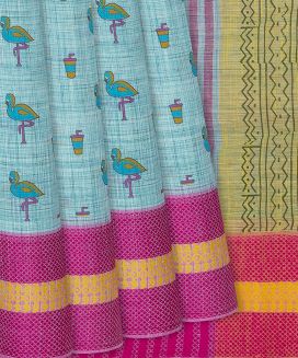 Turquoise Chirala Cotton Saree With Printed Crane Motifs
