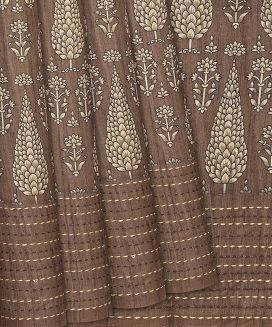 Brown Woven Blended Dupion Saree With Printed Floral Motifs
