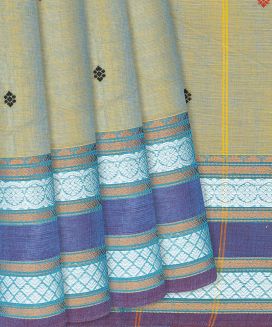 Yellow & Cyan Handloom Chettinad Cotton Saree With Kamalam Motifs
