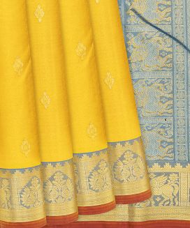 Yellow Handloom Kanchipuram Silk Saree With Floral Motifs
