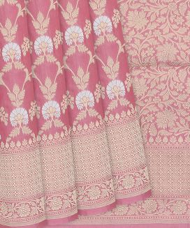 Peach Handloom Banarasi Silk Saree With Floral Motifs
