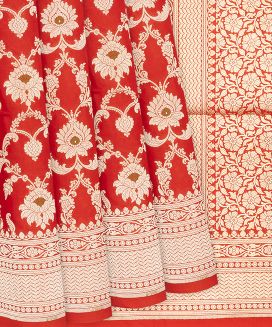Red Handloom Banarasi Silk Saree With Floral Motifs
