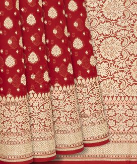 Red Handloom Banarasi Khaddi Georgette Saree With Floral Motifs
